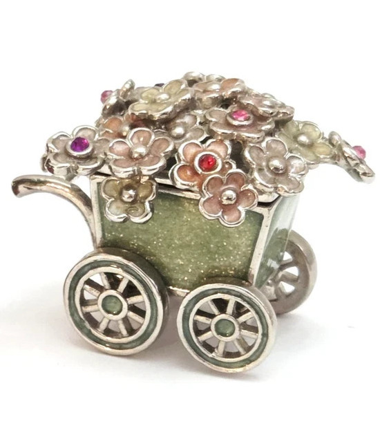 Vintage Monet Flower Cart Trinket Box Floral Enamel Rhinestone Gold Tone Garden