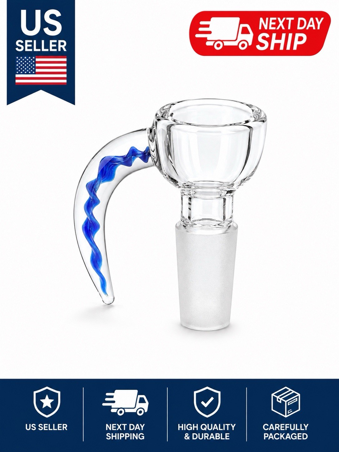 14mm BLUE Horned 7-Hole Built in Screen Thick  Glass Slide Bowl Piece