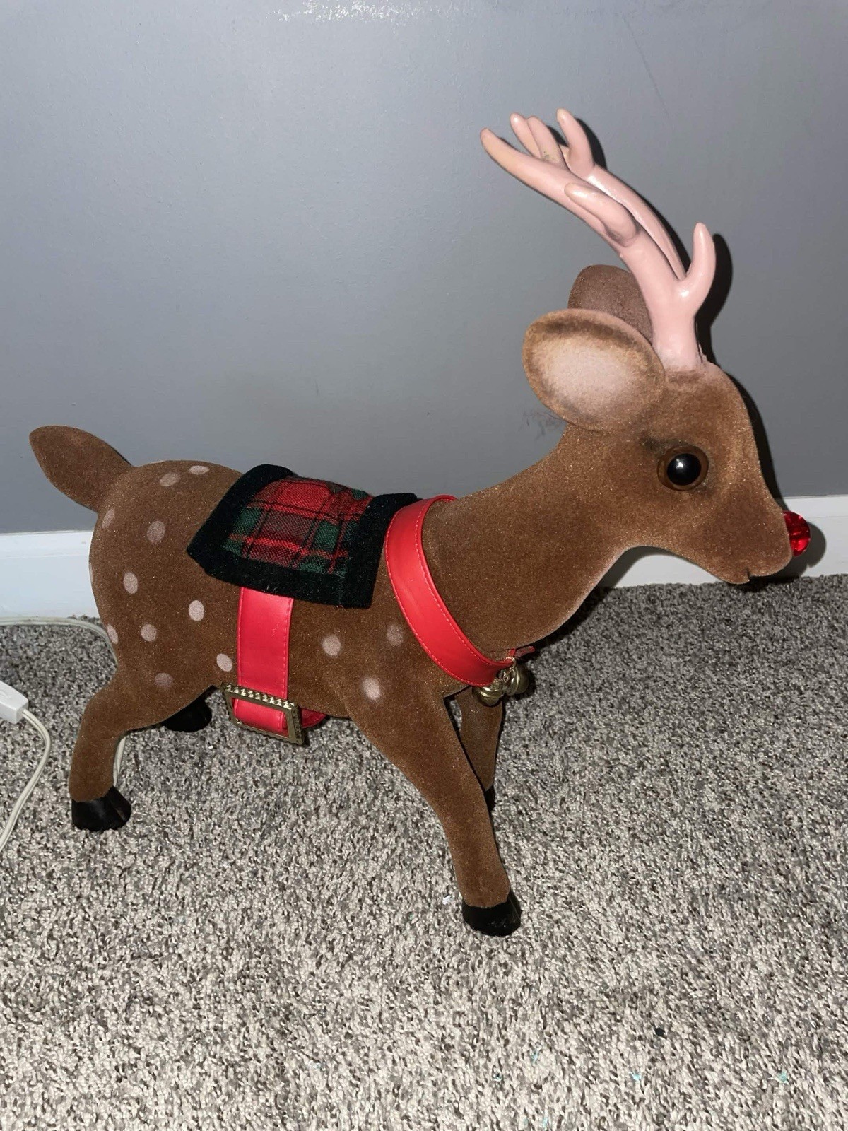 Vintage Flocked Rudolph Reindeer Light-Up Red Nose Plaid Saddle Christmas Decor Vintage Flocked Rudolph Reindeer Light-Up Red Nose Plaid Saddle Christmas Decor