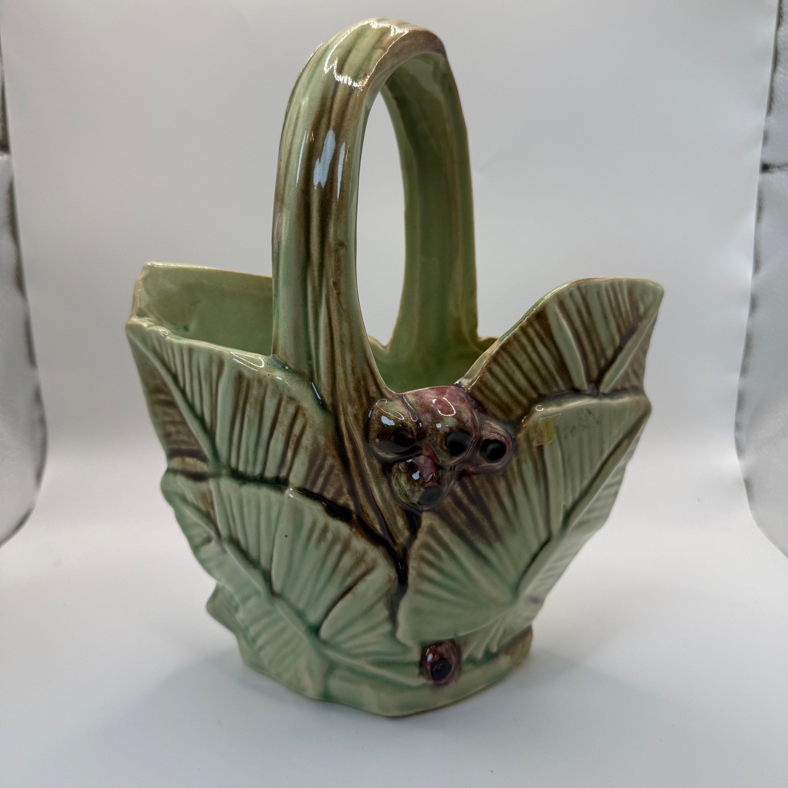 Vintage McCoy Pottery Leaf and Berry Basket Planter Green Brown Glossy USA