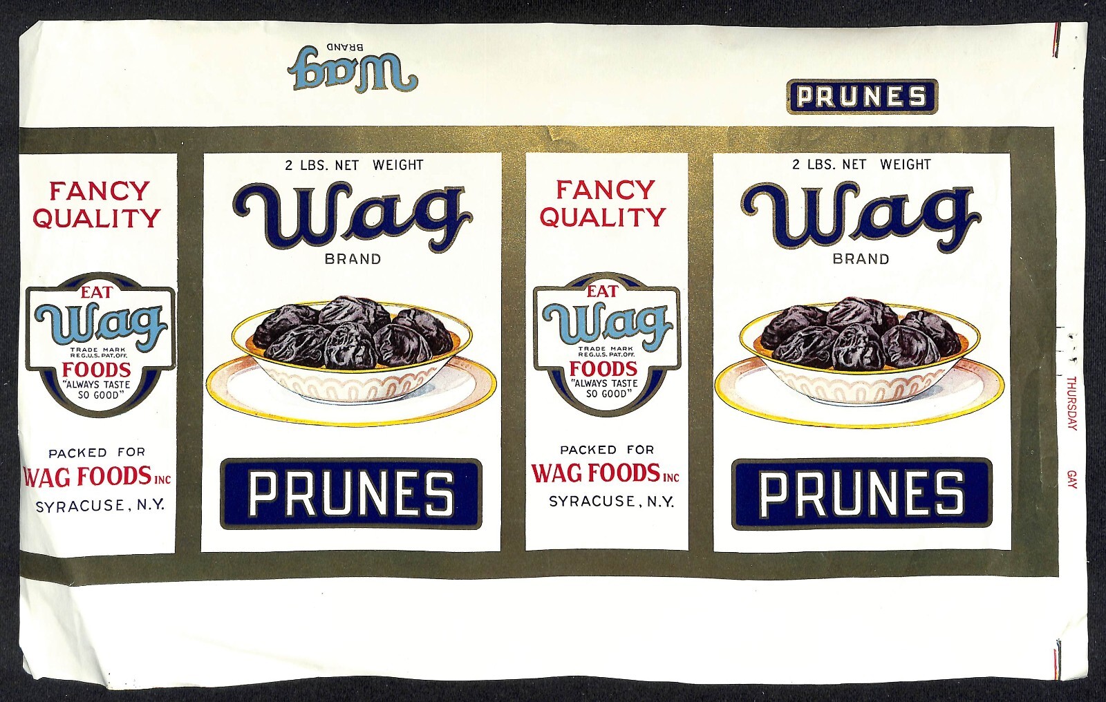 c1931 Paper Box Label Wag Foods Wag Brand Prunes Syracuse, NY w/ Gilt Borders