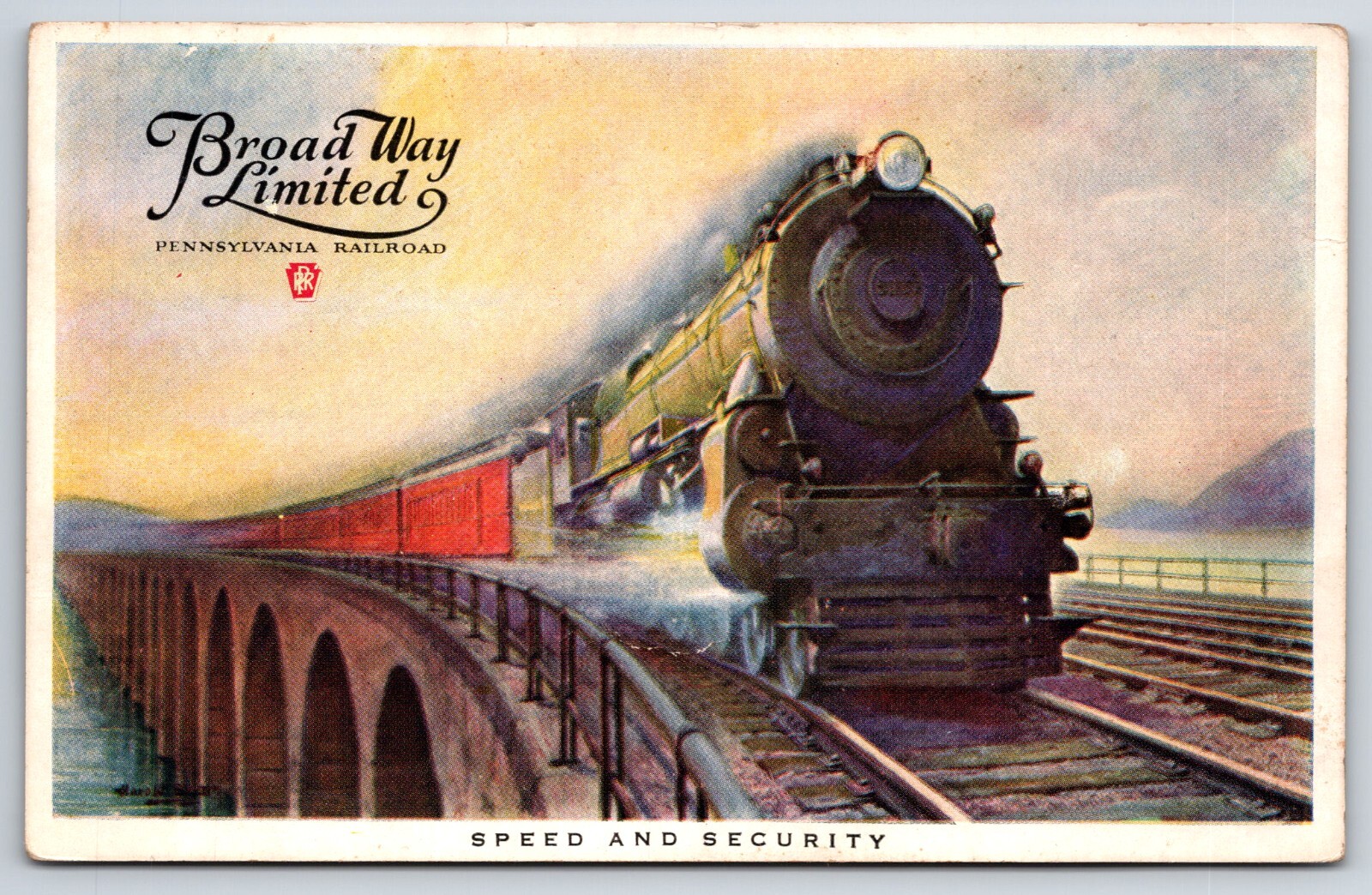 Pennsylvania RR Ad Postcard Broad Way Limited on Bridge Over Water Unposted WB