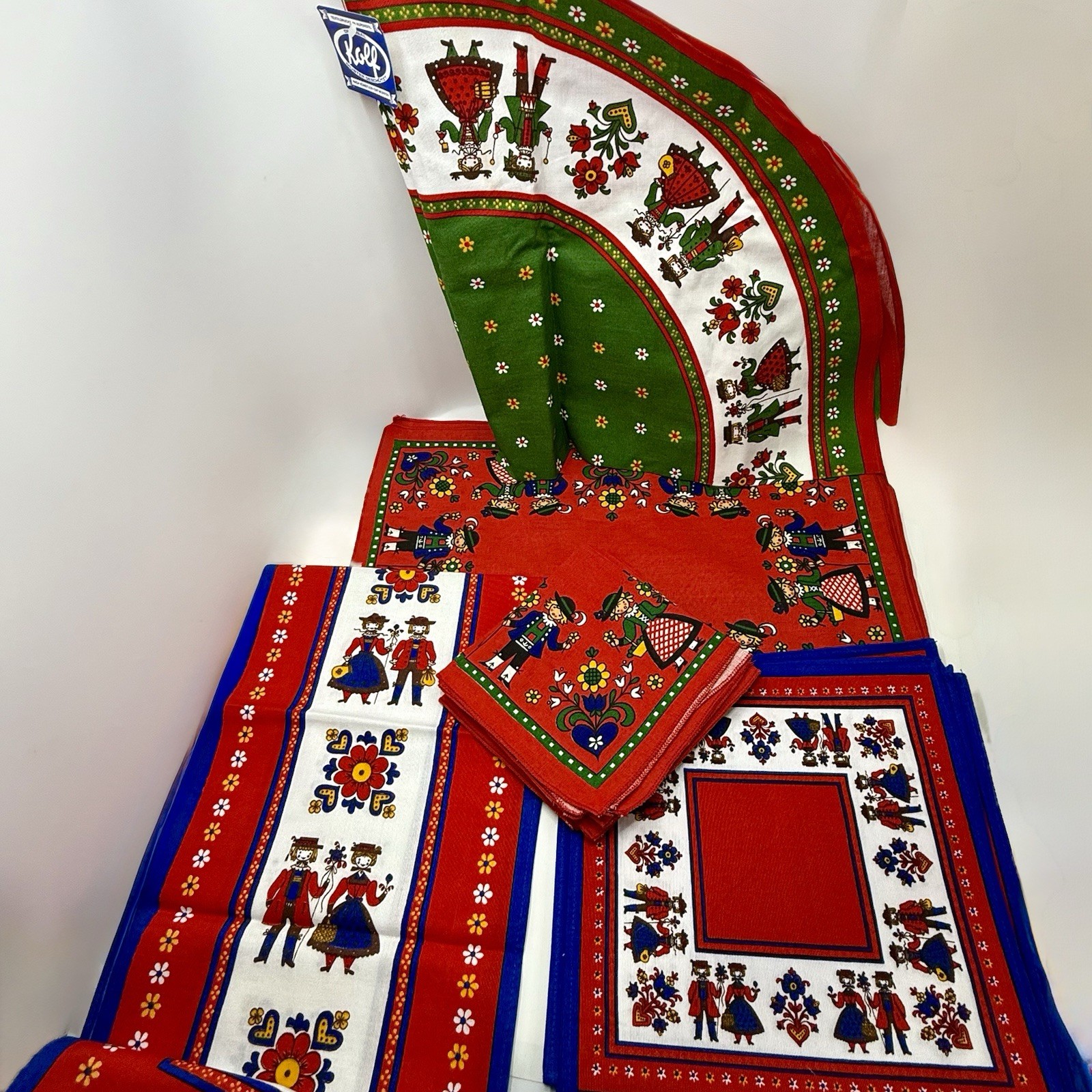 VTG 26pc “Kolf” Austria Table Linen Set 1960’s Folk Art Multicolor Thick Cotton