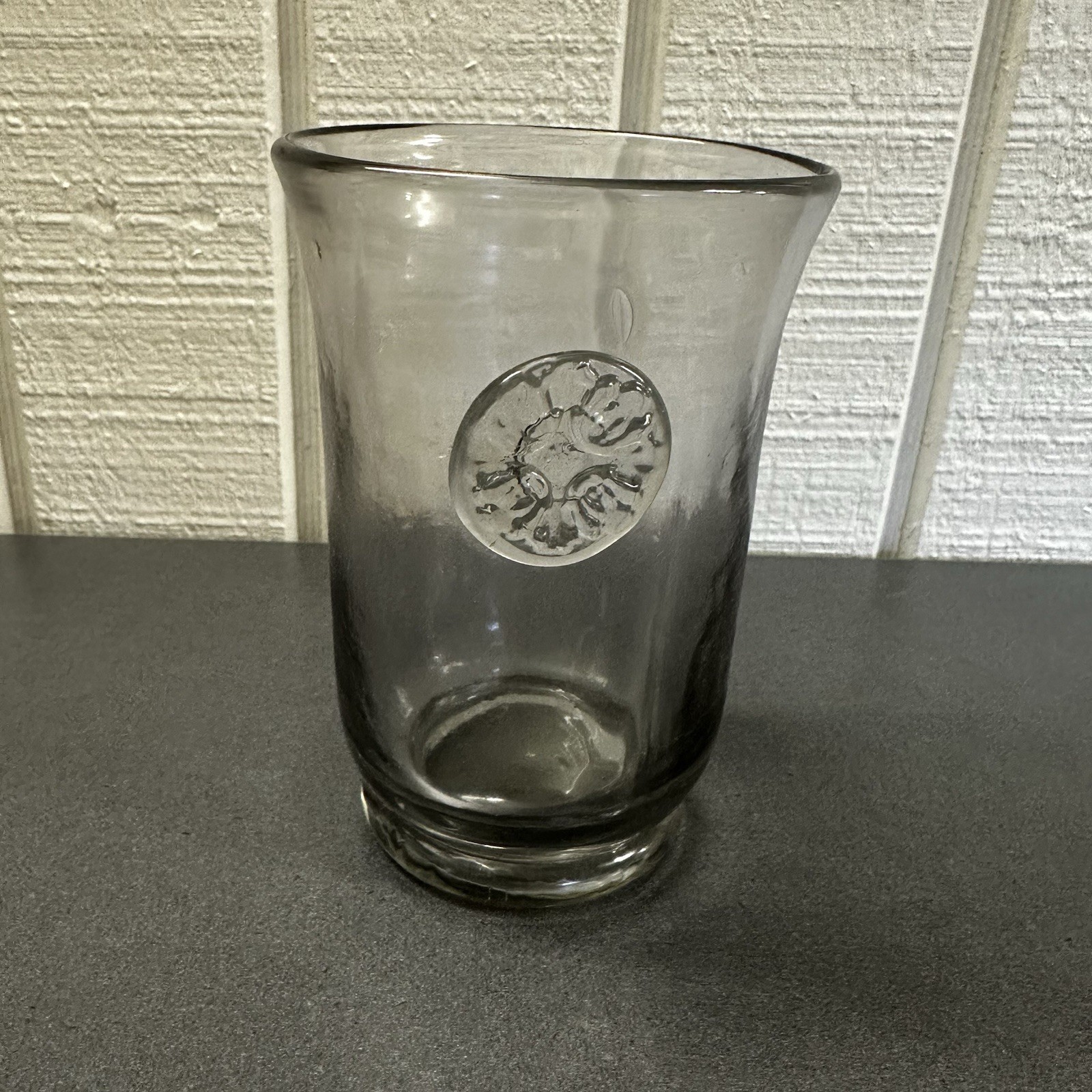 Vintage 1970s Hand Blown Transparent Smoky Glass Vase Applied Medallion RARE