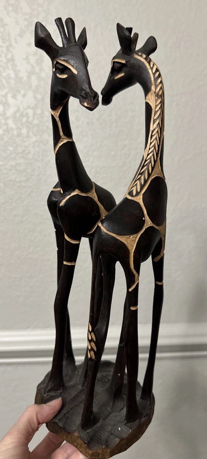 VTG Hand Carved Double Solid Wooden Giraffes Statue / Figurine 14.75”Tall.