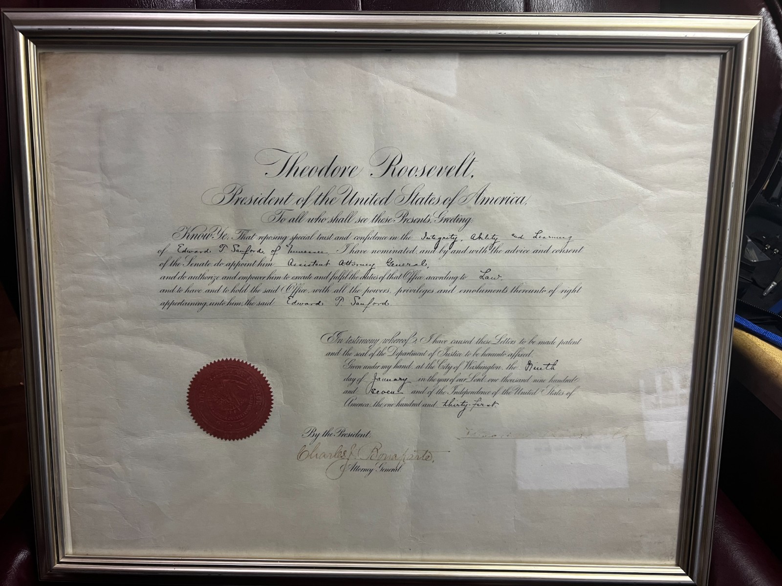Theodore Roosevelt Signed Presidential Appointment 1907 Edward Sanford SCOTUS