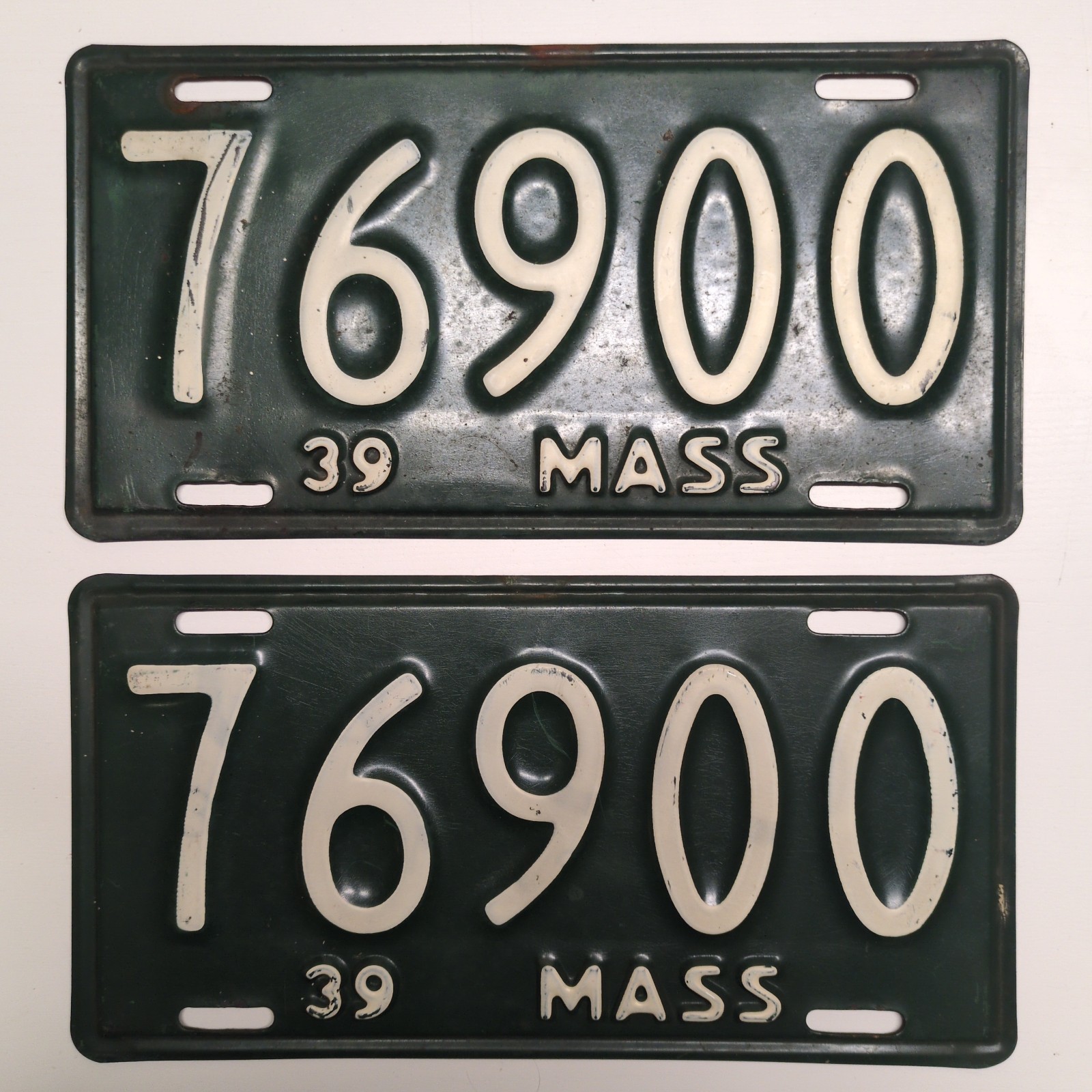 Vintage Massachusetts License Plate Pair 1939 Green White Decor (2) Vintage Massachusetts License Plate Pair 1939 Green White Decor (2)