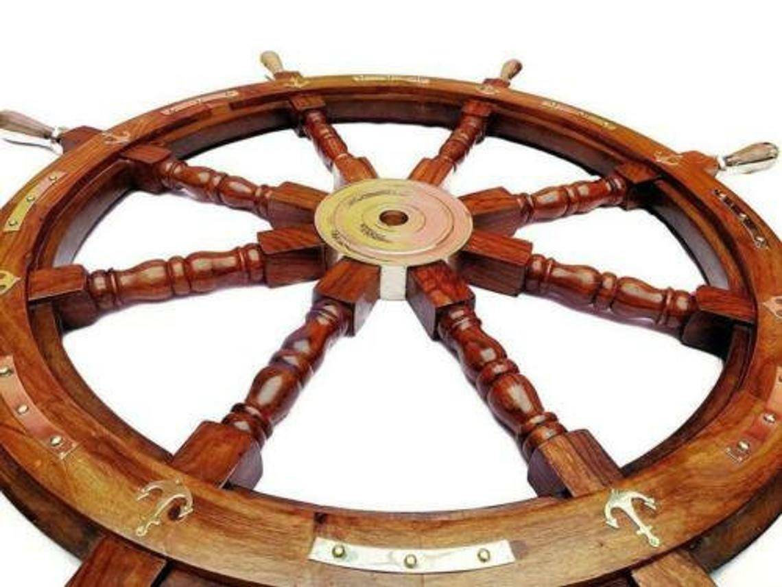 36'' Nautical marine wooden ship steering wheel brass anchor pirate wall decor