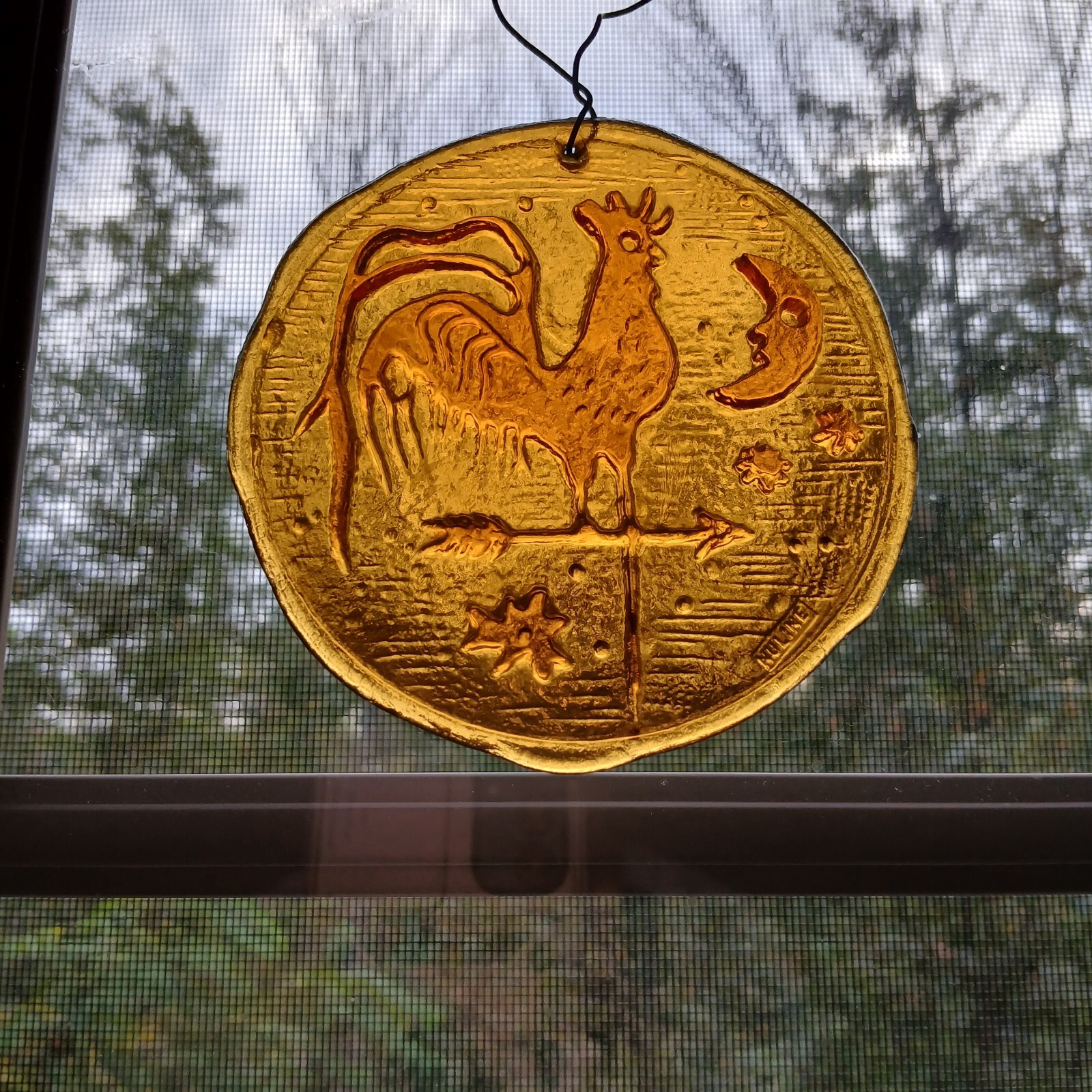 Vintage Wheaton Nuline Glass Rooster Weathervane, Moon and Stars Sun Catcher