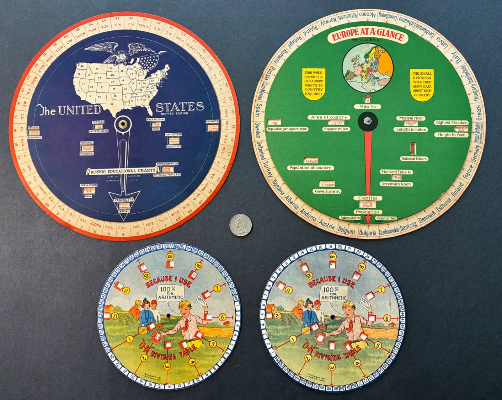 FOUR 1931 EDUCATIONAL TEACHING CHARTS / DIAL-WHEELS ~ EXCELLENT & COLORFUL