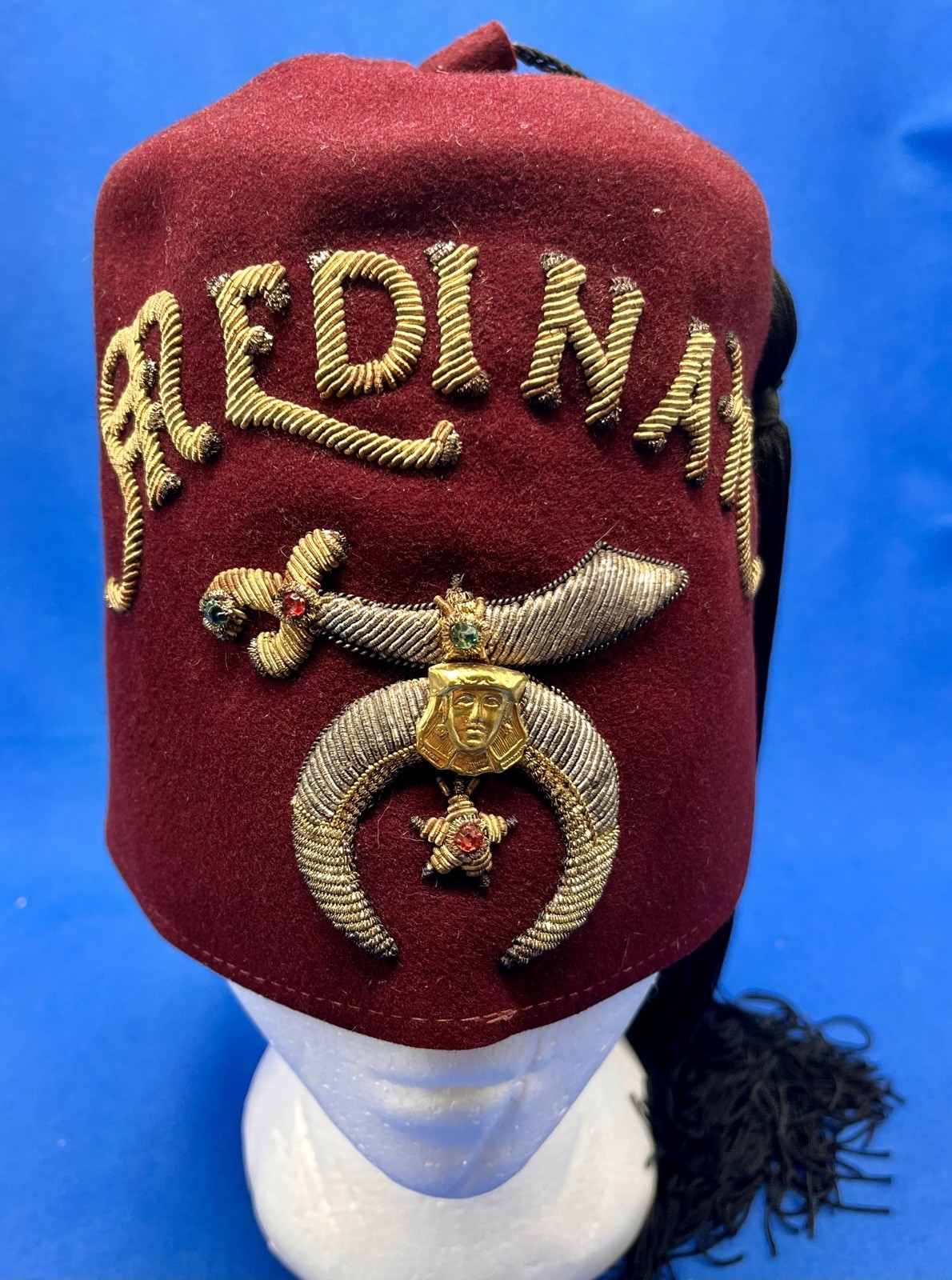 Vintage Medinah Shriners Fez Hat Masonic Freemason Maroon Jeweled Tassel