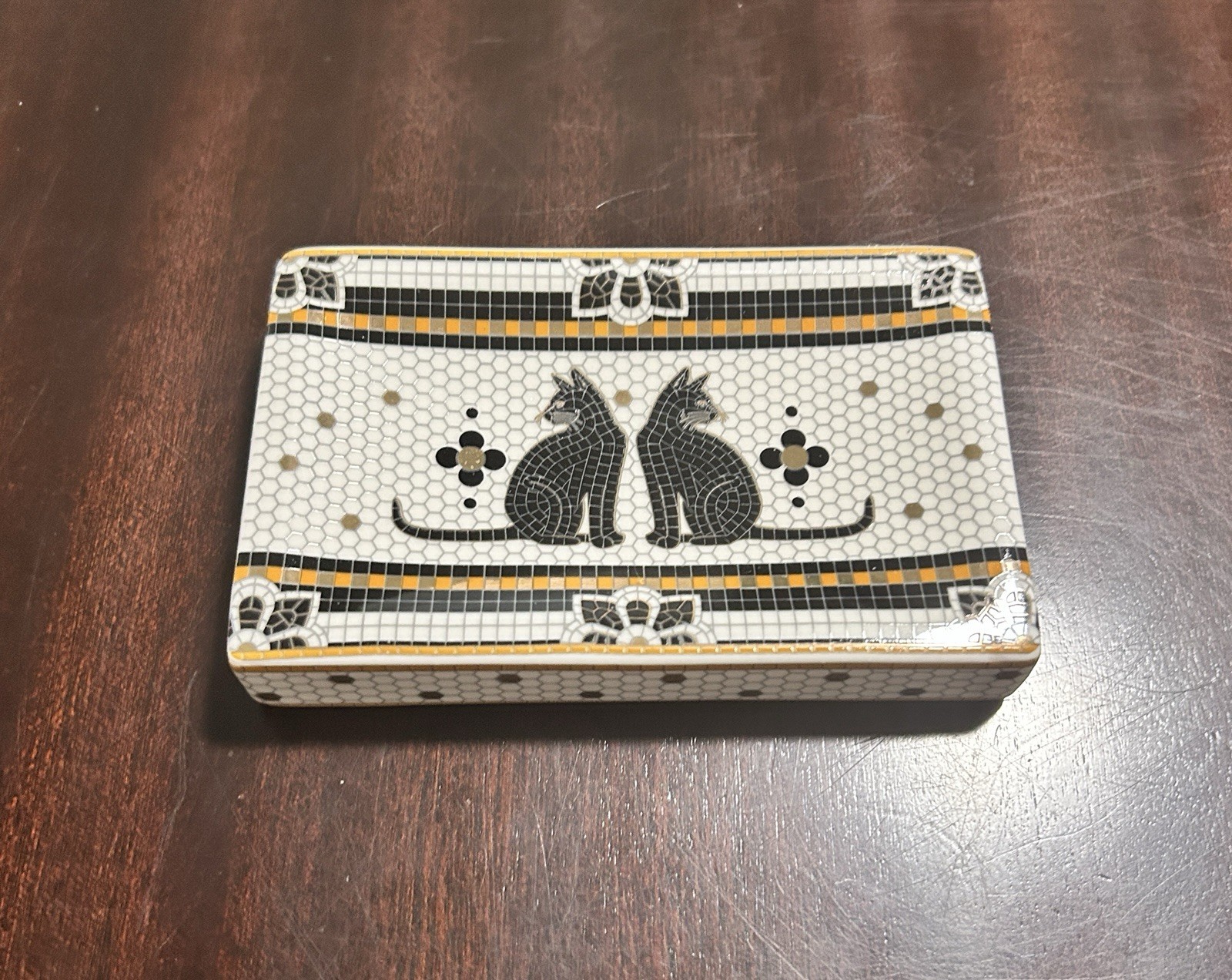 Anthropologie Bistro Tile Soap Dish Trinket Tray Black Cat Halloween NEW 24K