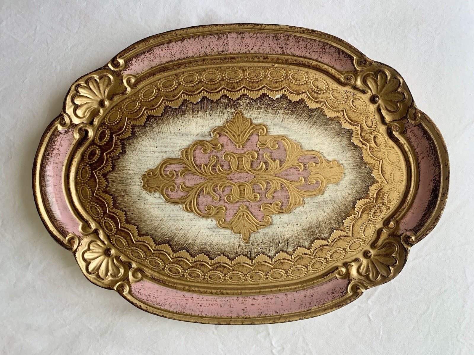 Vintage Italian Florentine Giltwood Tray-Pink And Gold-Tinacci San Gimignano
