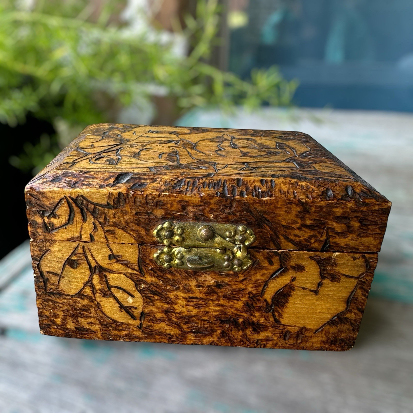 VTG Pyrography Wooden Trinket Box 4.25 Inch Floral Hinged Lid Flemish Pyro Art