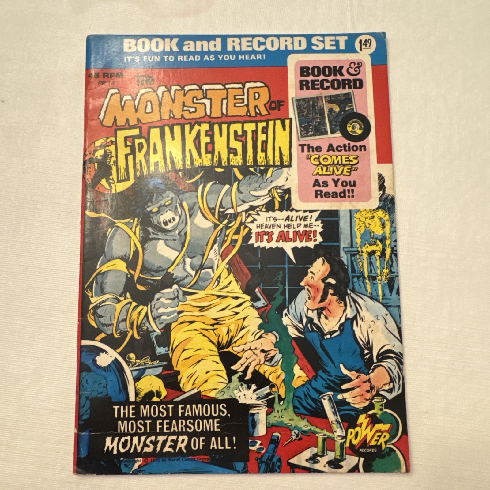 Vintage 1974 Marvel Power Records Monster of Frankenstein Book & 45 RPM PR-14