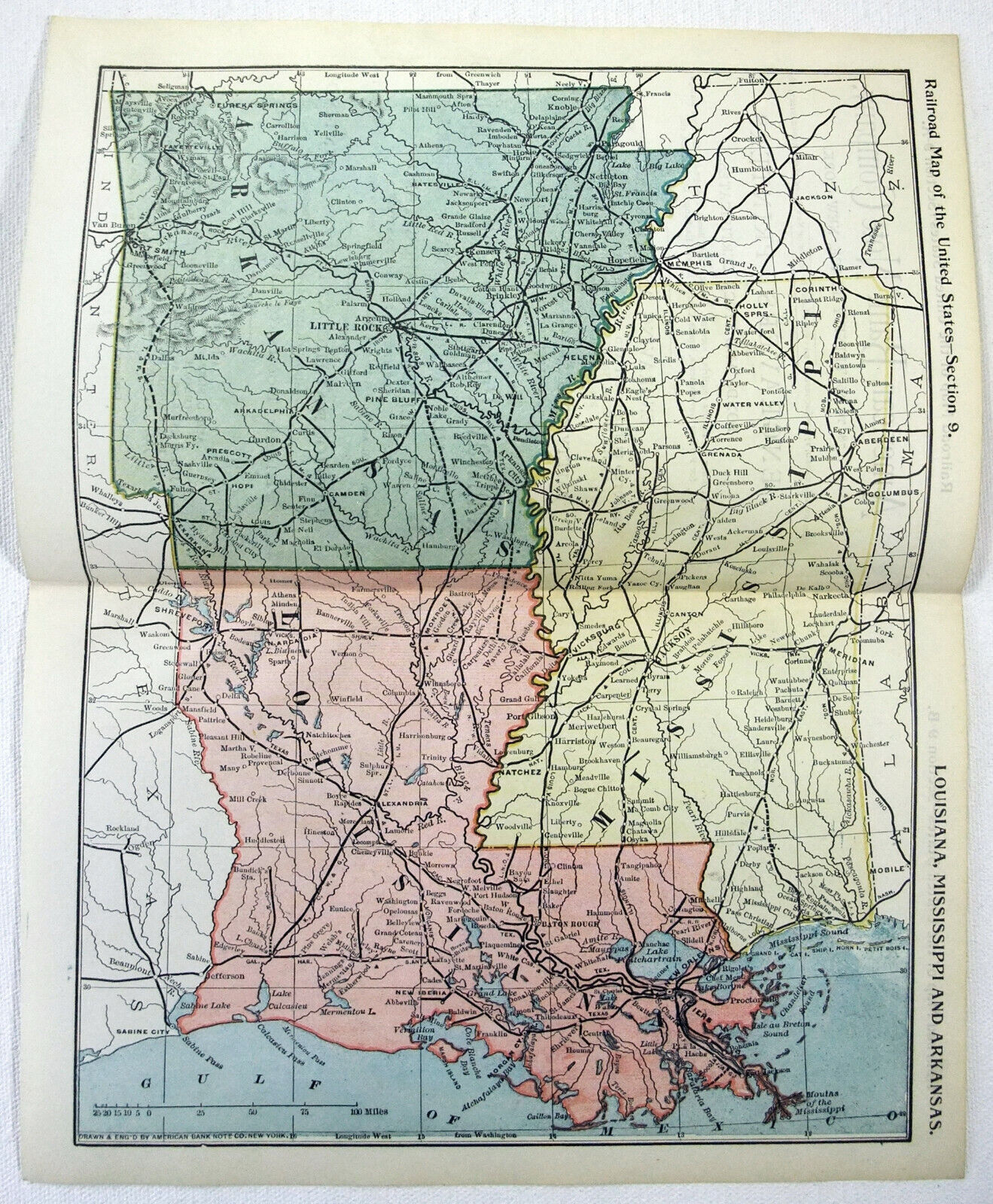 Louisiana Mississippi & Arkansas - Original 1895 Railroad Map. Antique