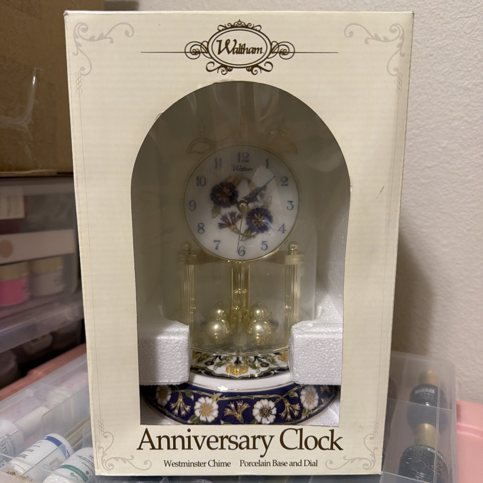 Vintage Waltham Mantle Clock Chime Glass Dome Floral Porcelain NEW