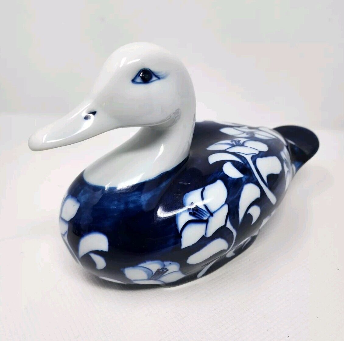 Vintage Gallo Camelia Blue and White Porcelain Hand Painted Sitting Mallard Duck