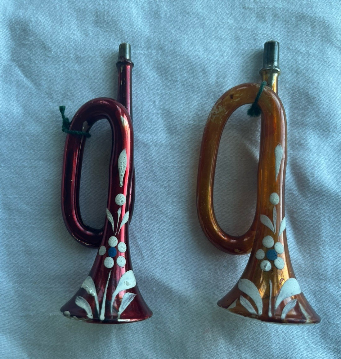 Two Vintage German Antique Mercury Glass Horns Christmas Ornament 1930s