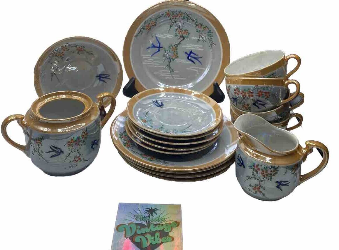 JAPANESE HAND PAINTED LUSTERWARE 18 Piece Set- Iridescent Floral With Bird Print