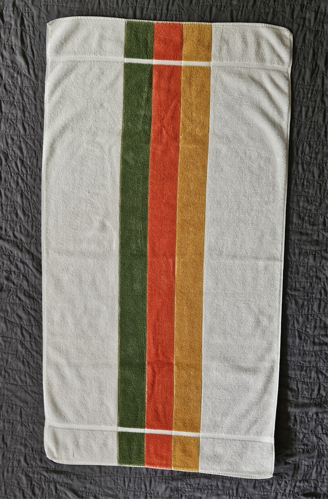 Vtg MCM Fieldcrest Bar Stripe Gold Orange Green W/gold Accents Bath Towel 1960s