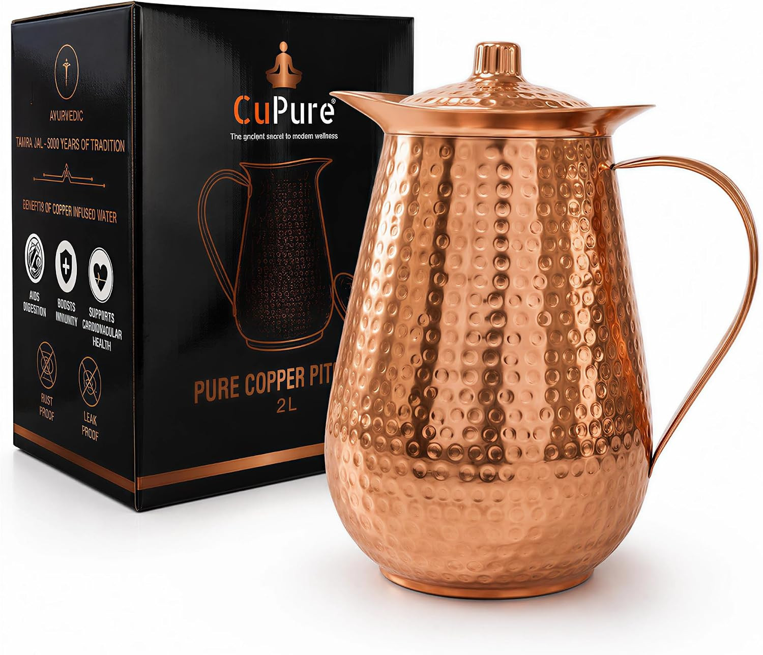 99.99% Pure Copper Water Pitcher with Lid, 70 Fl Oz (2L), Hammered Copper Jug wi