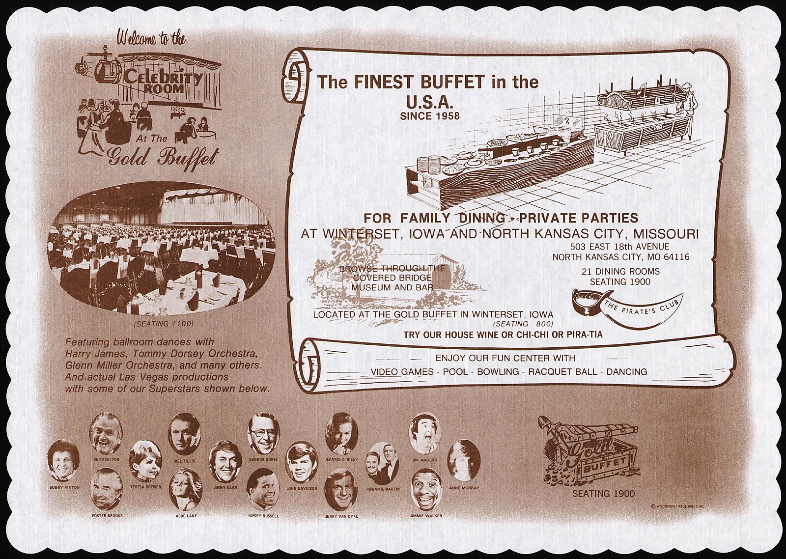Vintage placemat GOLD BUFFET Mel Tillis Jim Nabors Jimmie Walker Kansas City MO