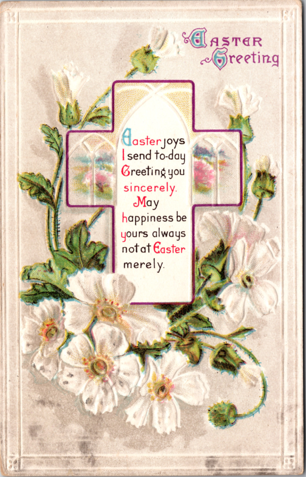 Easter Joy Greetings White Flowers Embosed Postcard