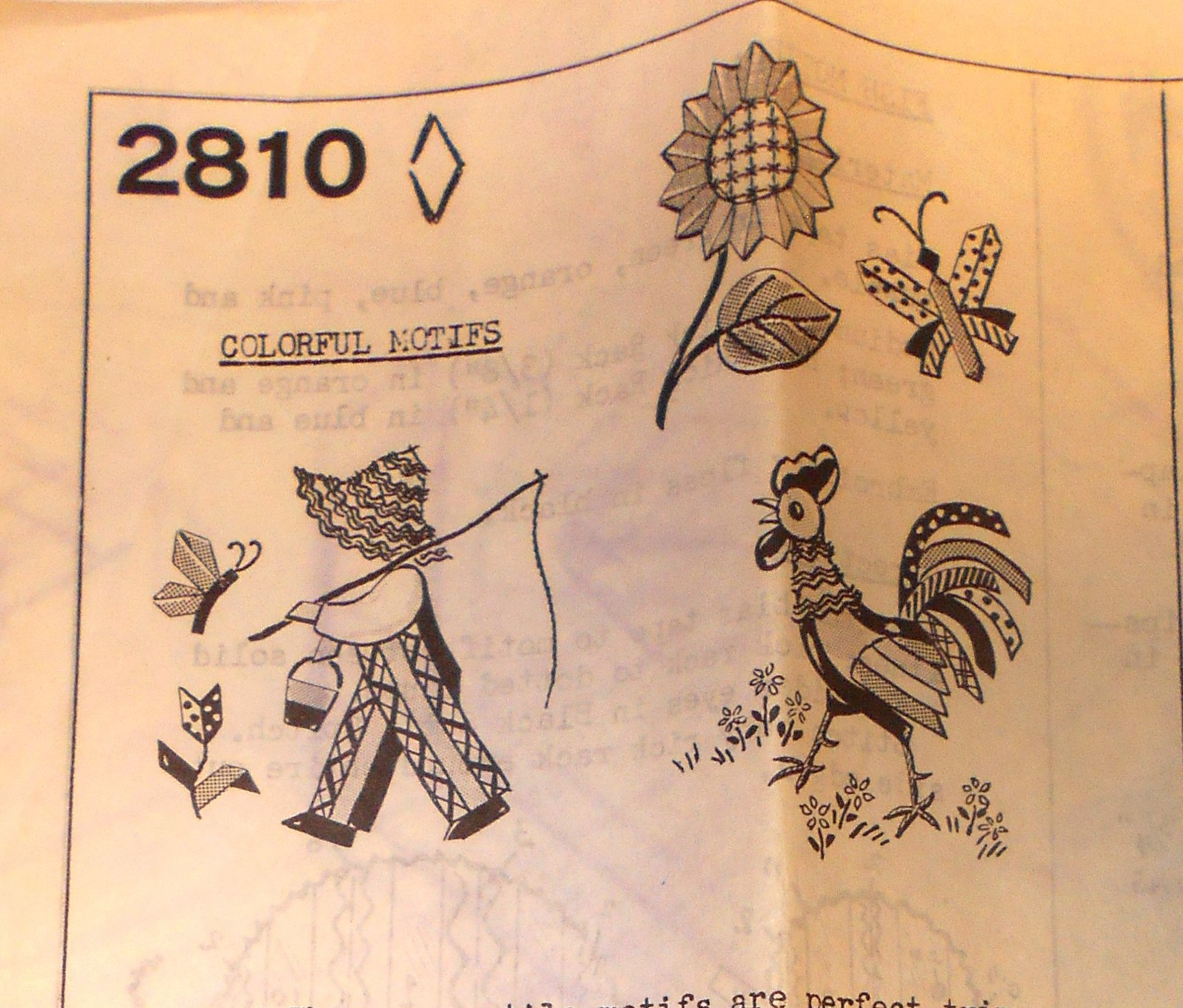 Vtg Mail Order Embroidery Transfer #2810  Boy, Butterfly, Flower, Rooster UNUSED