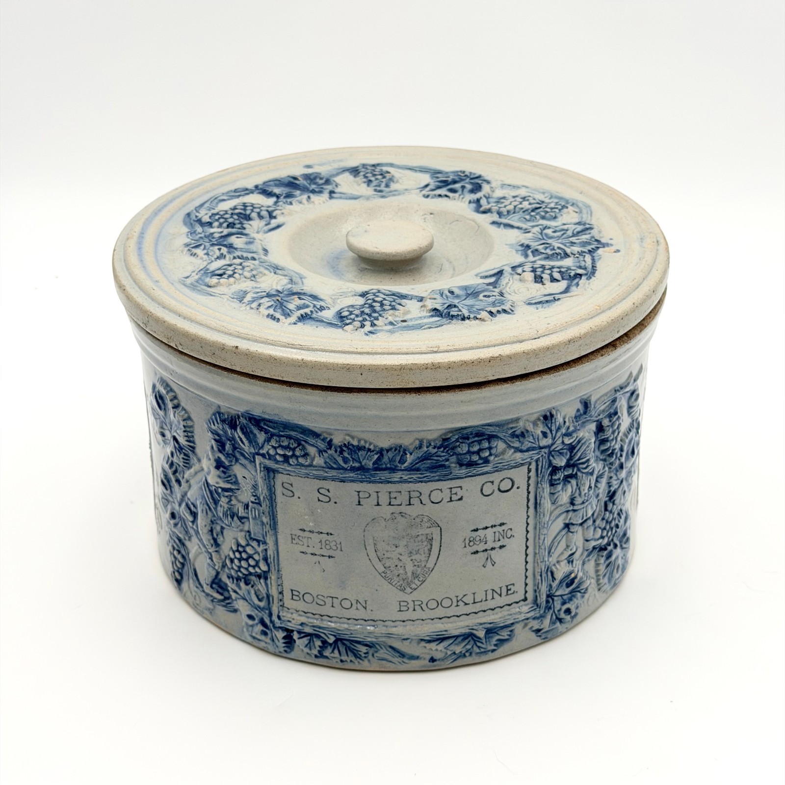 19th c. S S Pierce Co. Advertising Salt Glazed Stoneware Cake Crock Brookline