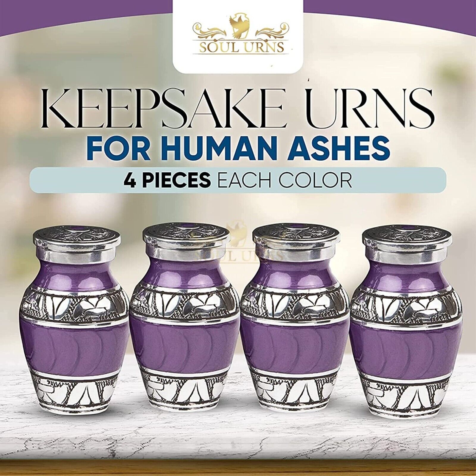 Purple With Silver Bands Small Keepsake Urns for Human Ashes - Set of 4