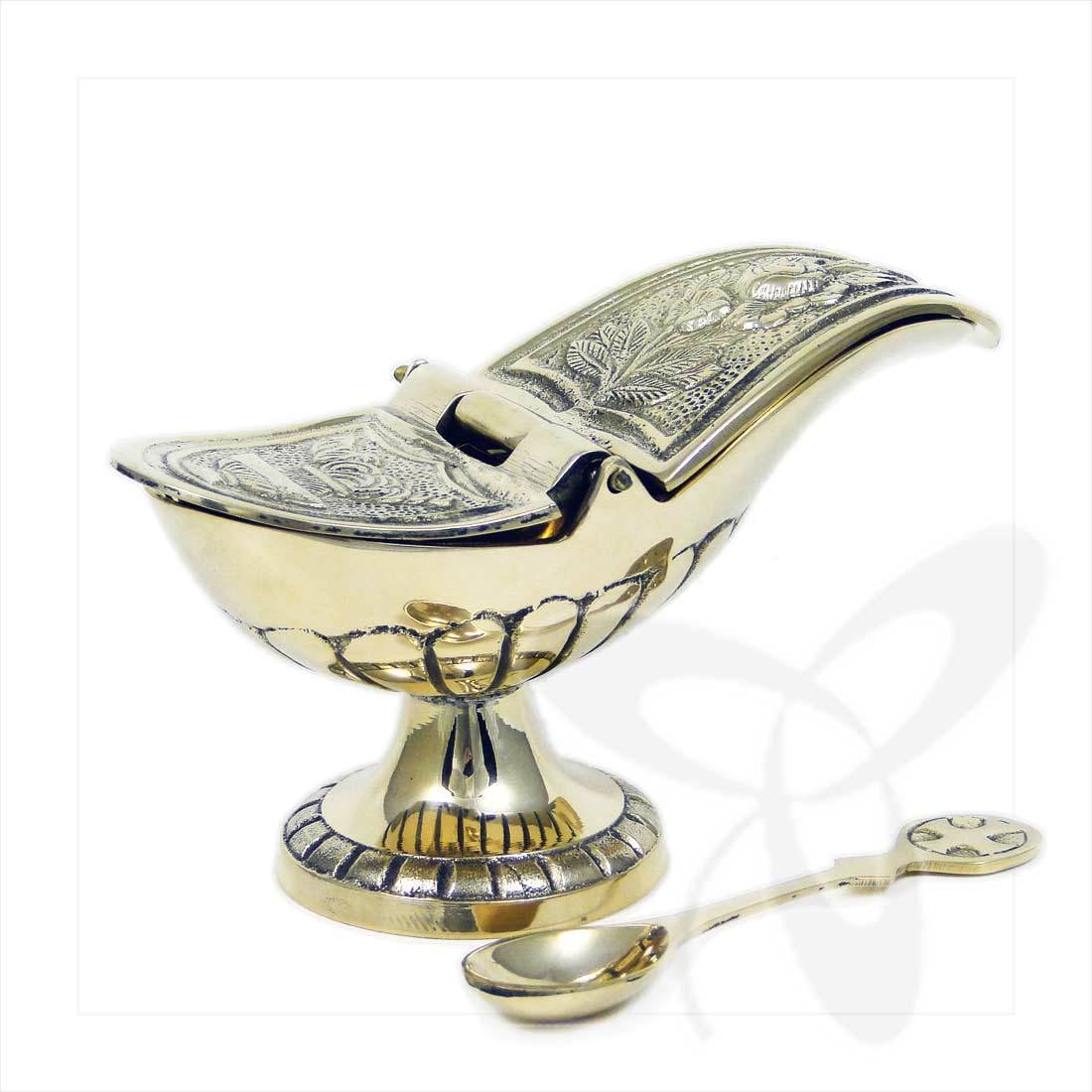 2942 incense boat with hinged lid and spoon, solid polished brass