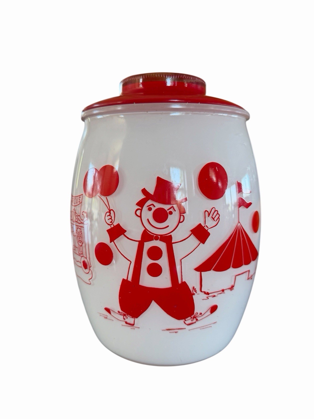  Vintage Bartlett Collins Pokee Milk Glass Circus Clown Cookie Jar 1960s w/ Lid 