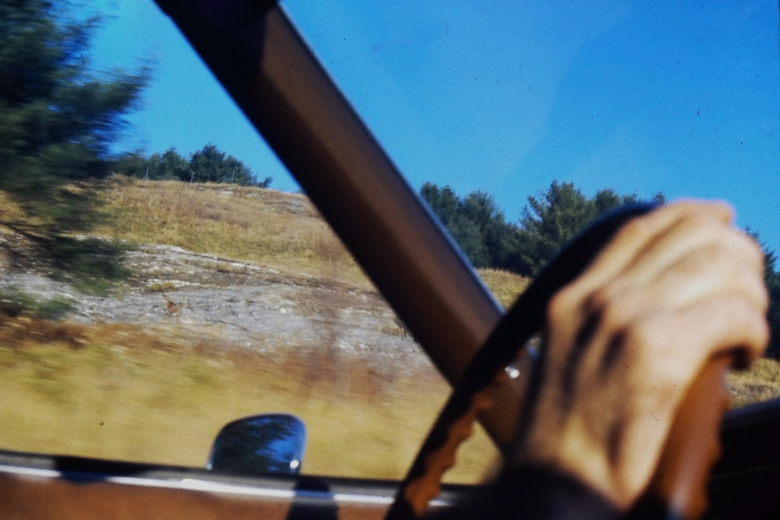 c1970's Ektachrome 35mm Slide, Driving View, Rural Landscape, Car Interior