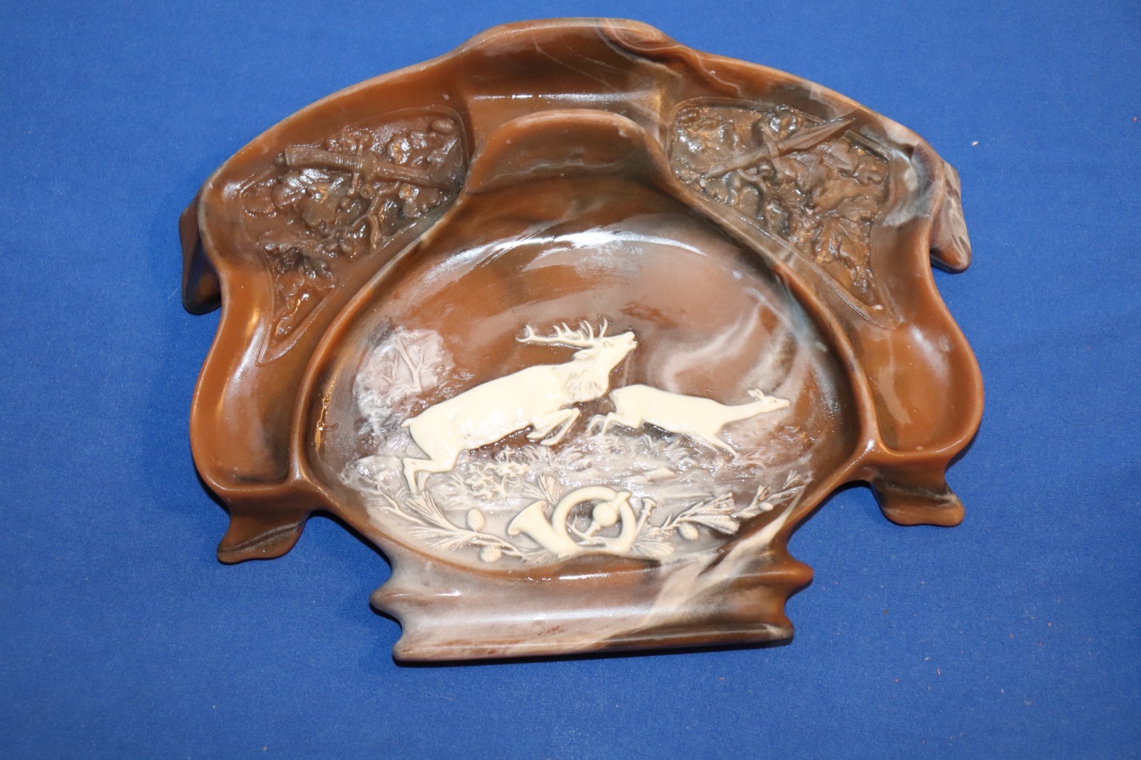 Vintage Genuine INCOLAY STONE: Elk Hunting Scene Valet Desk Organizor
