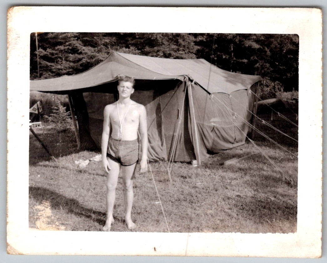 Vtg B&W Snapshot Shirtless Young Man Swim Trunks Camping Tent Outdoors 1950s Vtg B&W Snapshot Shirtless Young Man Swim Trunks Camping Tent Outdoors 1950s