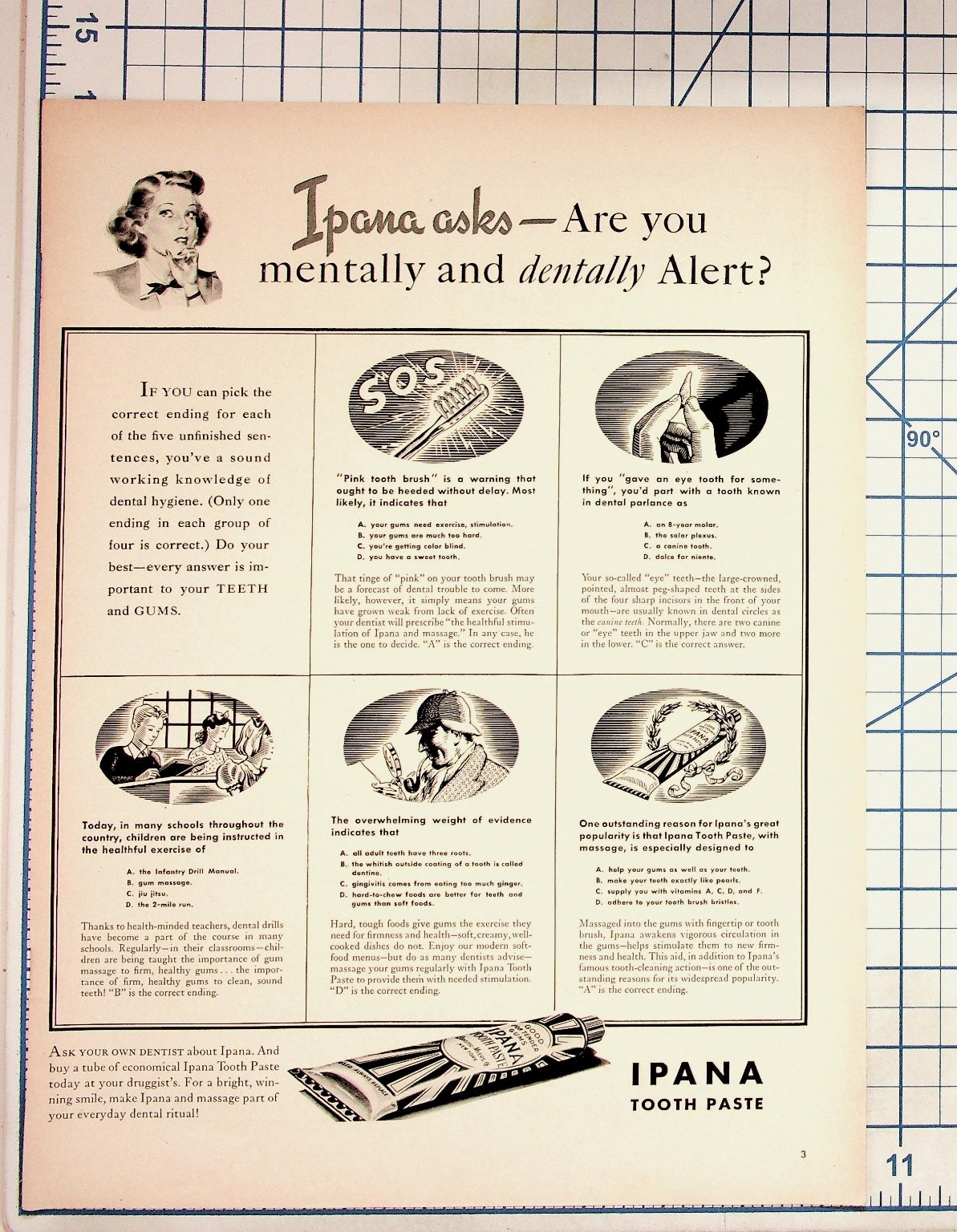 Vintage Ipana Tooth Paste Ad Dental Health Quiz Magazine Ephemera