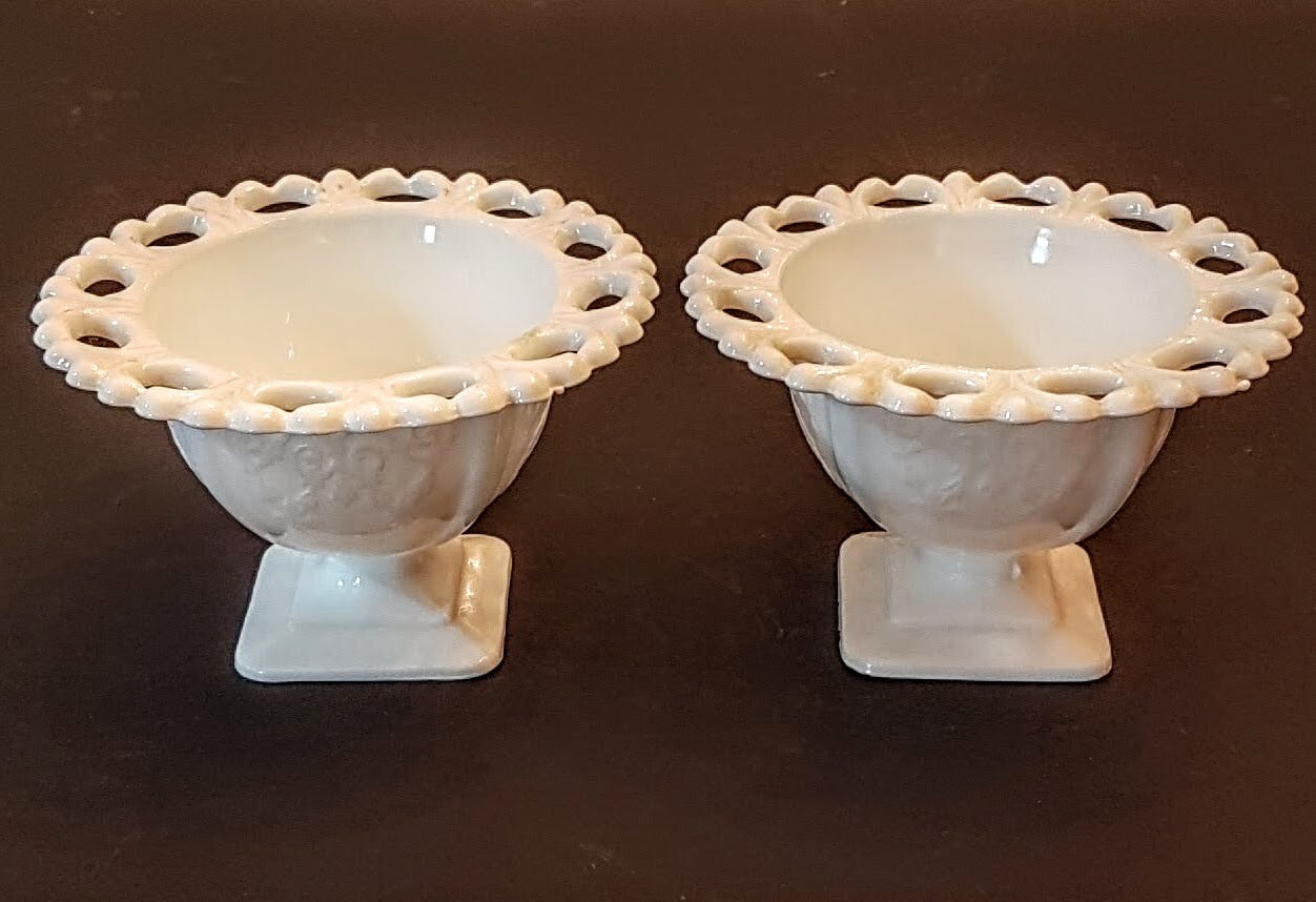 Indiana Lorain Basket Lace Edge White Milk Glass Pedestal Compote Berry Bowl LOT