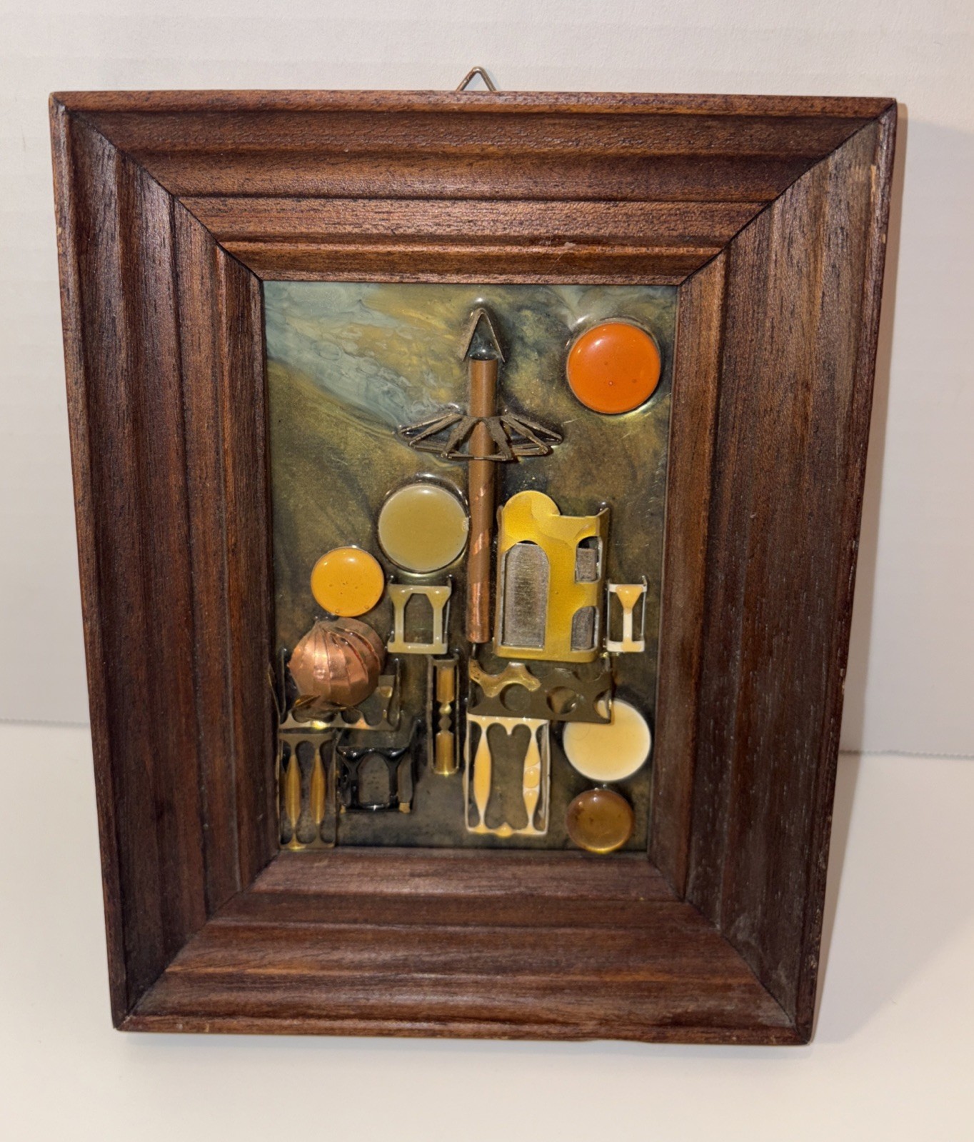 Vintage Judaica Enamel Plaque Art Framed Israel 6” x 8” Mid Century Modern