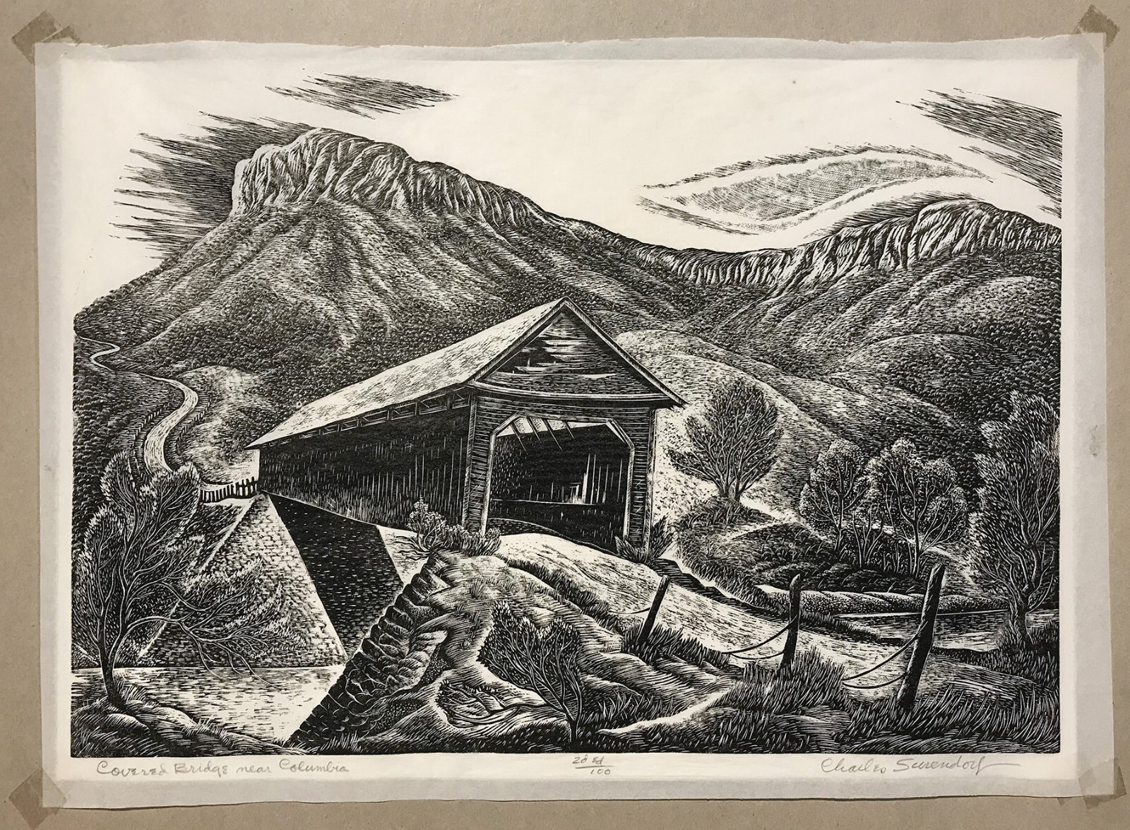 c1956 Signed Charles Surendorf Linocut Print Covered Bridge Columbia California