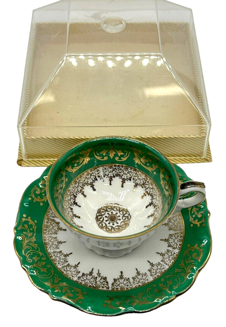 NIB Bareuther Bavaria Cobalt Green and Gold Demitasse Cup and Saucer Set Germany