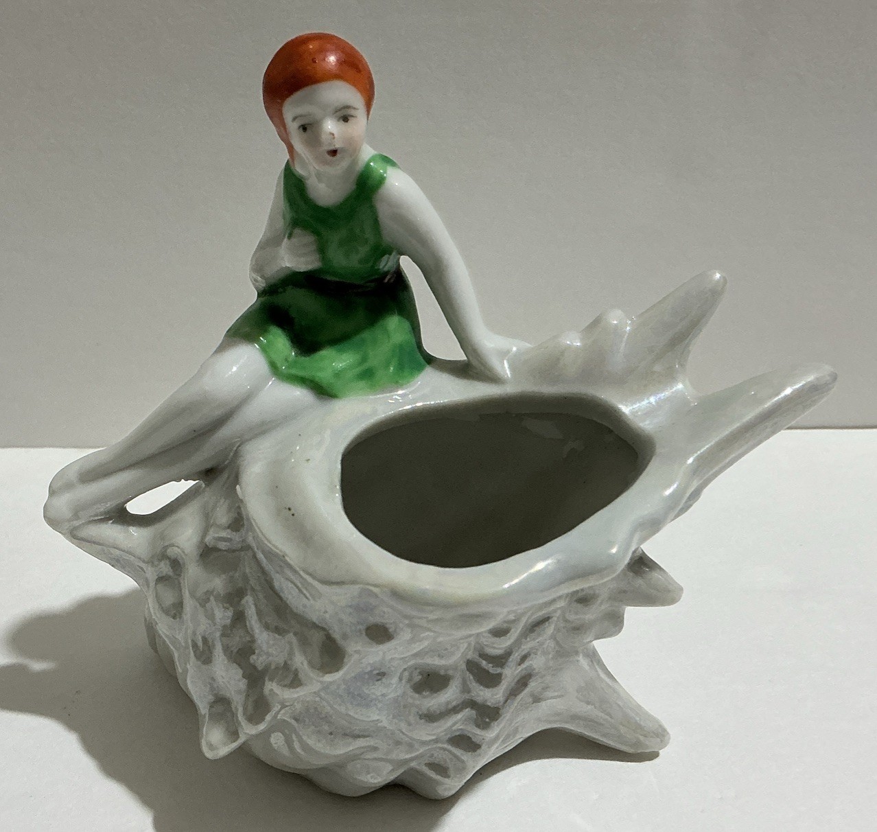 Vintage Japan Art Deco Flapper Bathing Beauty Green Swimsuit On Conch Shell