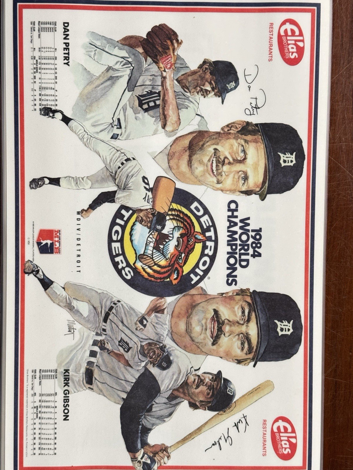 1984 Detroit Tigers World Champions Elias Brothers Placemat Petry Gibson Box 235