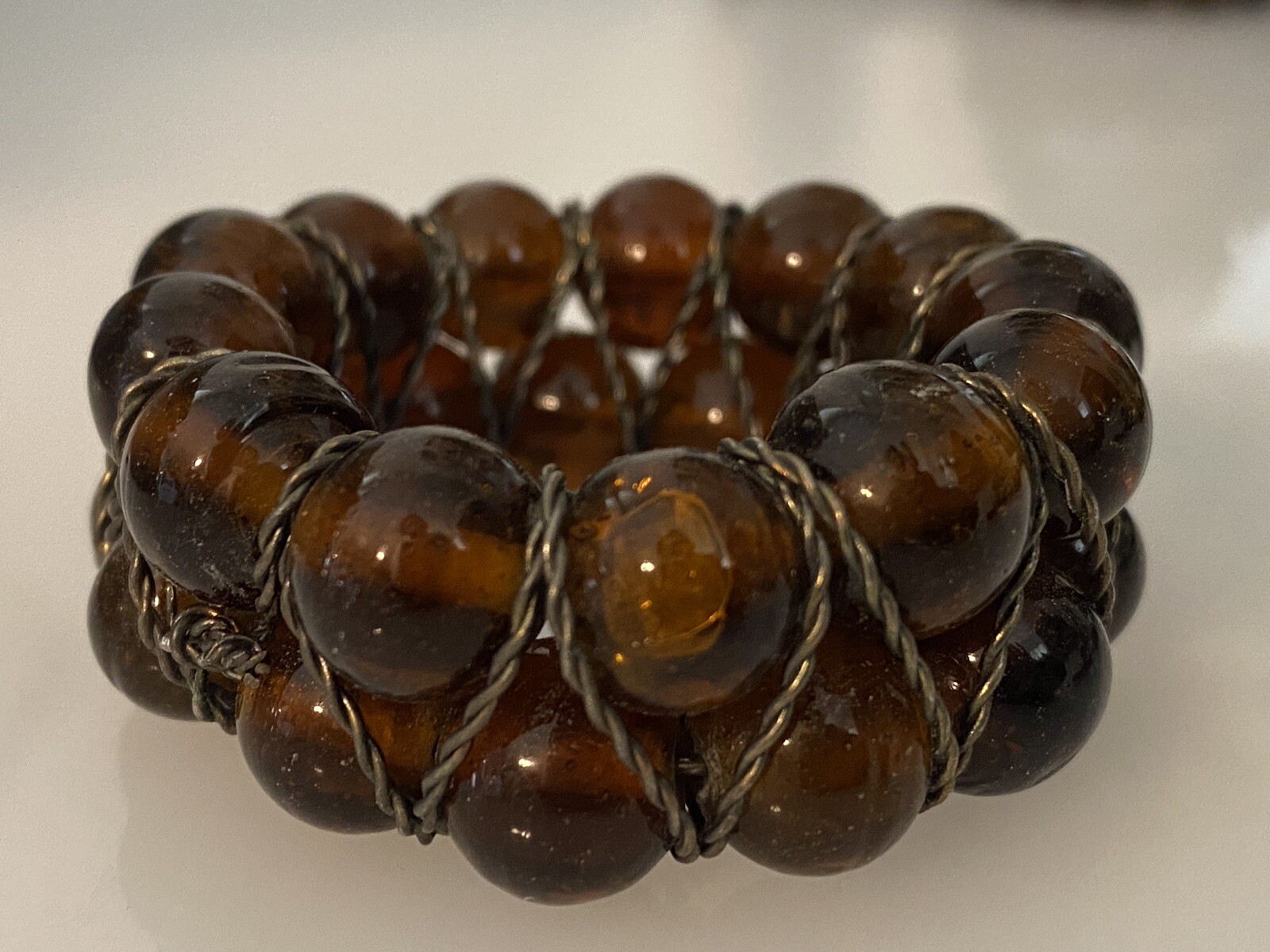 MCM Brown Glass Bead & Twisted Wire Design Napkin Rings Holders Set of 6 Vintage