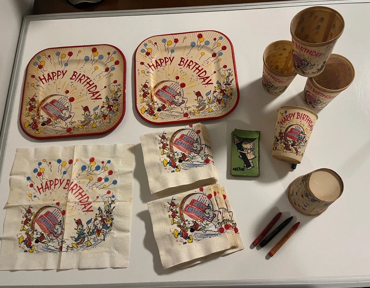 1950s Walt Disney Happy Birthday Party Set Plates Cups Napkins Dumbo Mickey Used