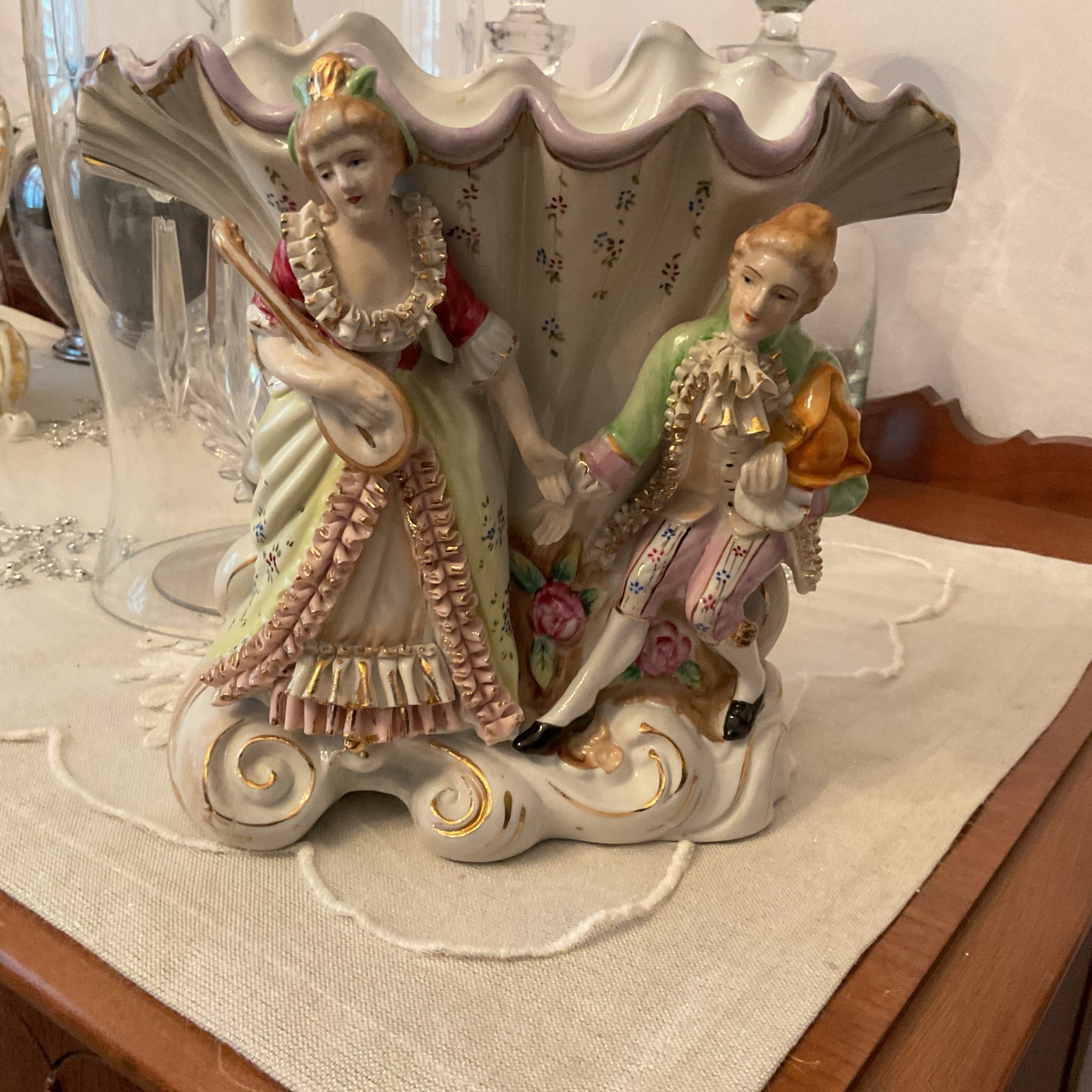 Vtg Bone China Lace VASE Flower Woman w/ Mandolin & Man w/Hat  China Lace  