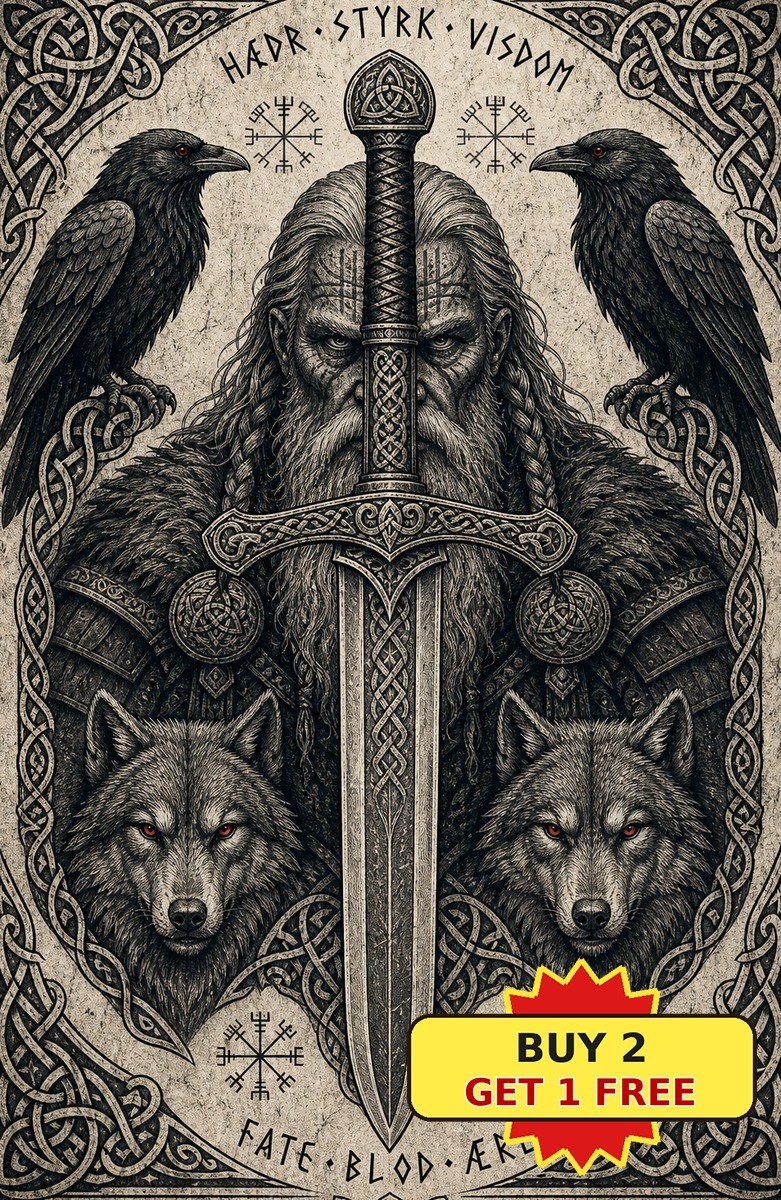 Odin Raven Wolves Viking Tin Sign Norse Mythology Legend Metal Wall Decor Art