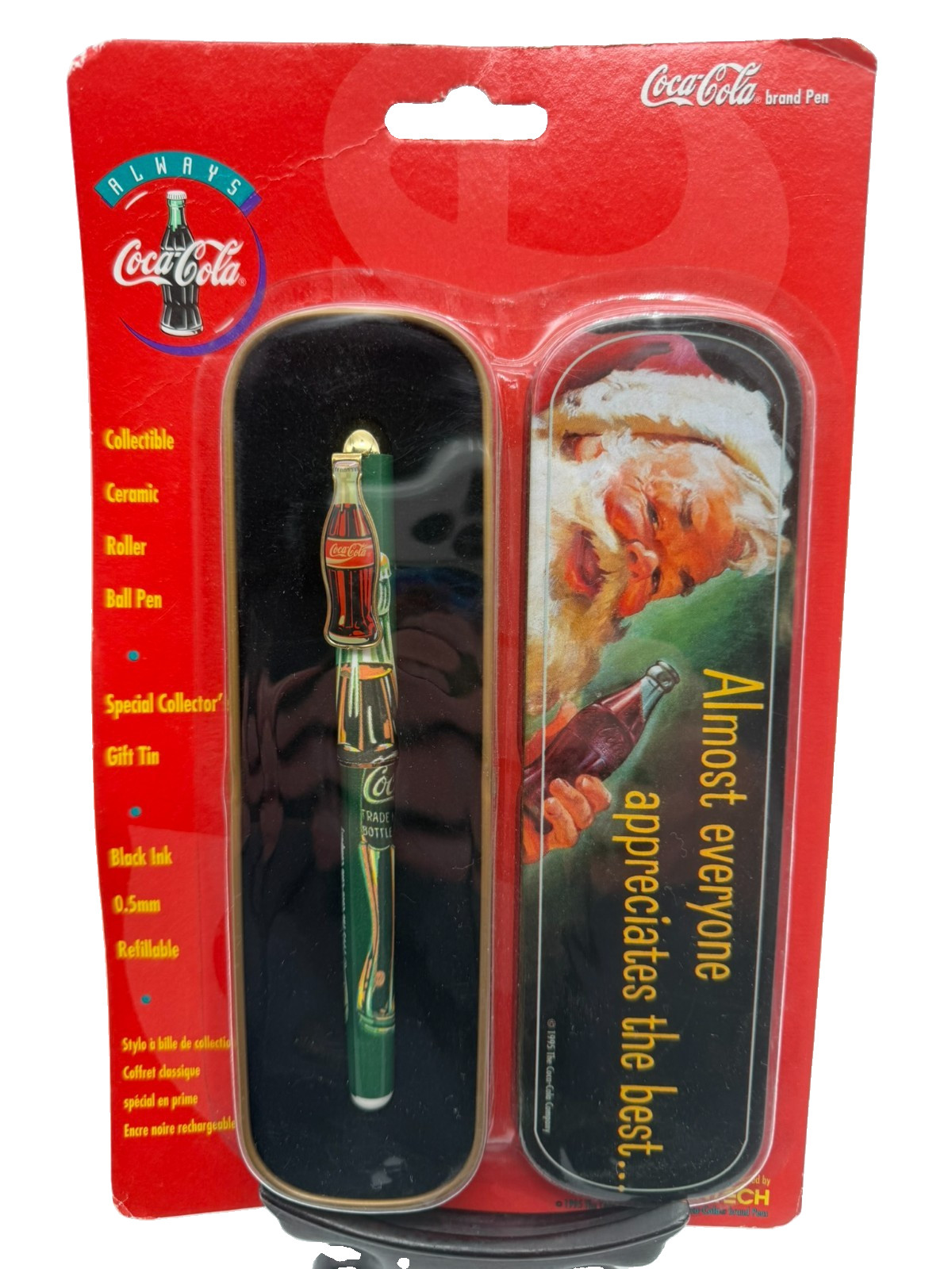 Vtg 90's Coca Cola Christmas Collectible Ceramic Roller Ball Pen w/ Gift Tin NEW