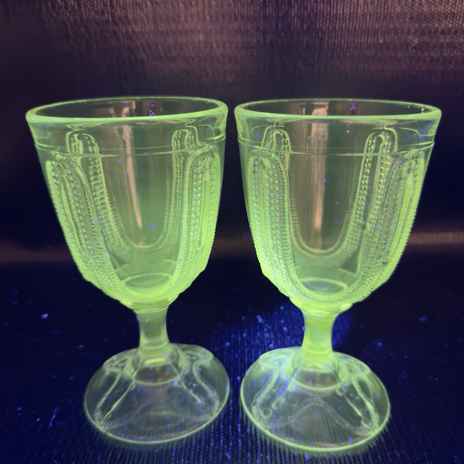 1880s EAPG Adams Glass Curtain Tie Back Goblets Set 2 Manganese 365nm UV Glow
