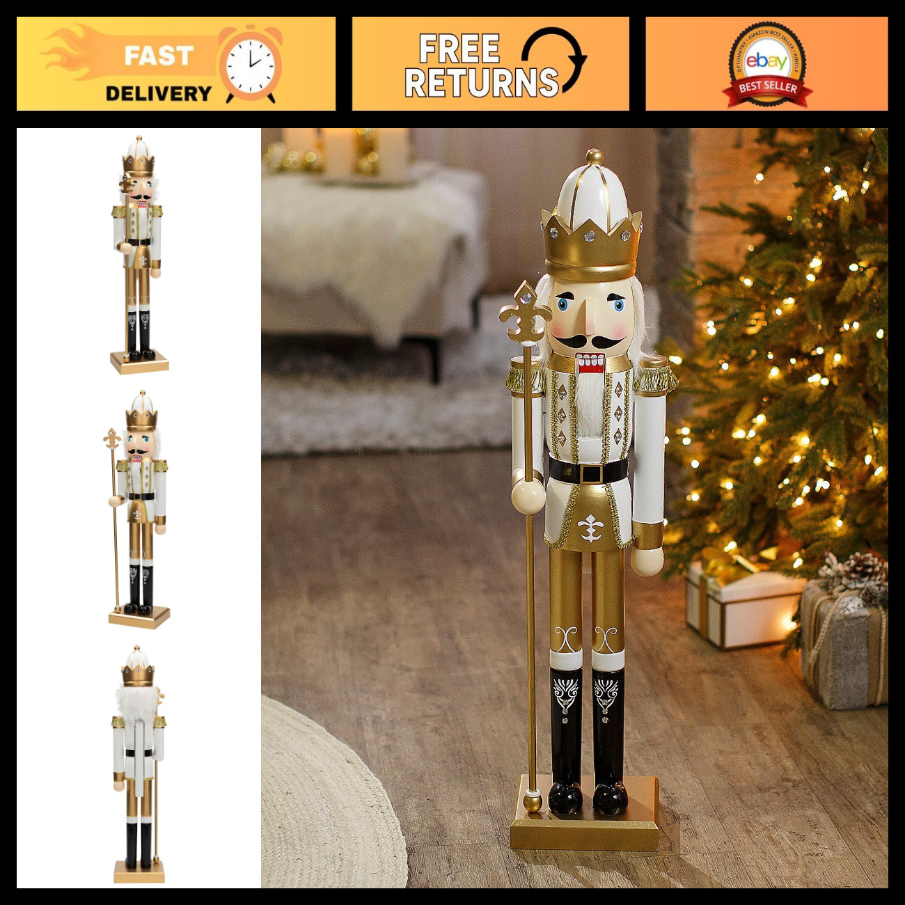 Large 3 Ft Classic White & Gold Wooden Nutcracker Statue with Scepter - Holiday